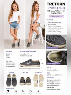 Tretorn Metallic Glitter Lace-Up Sneakers kid’s US 4.5 EU 35 Gray